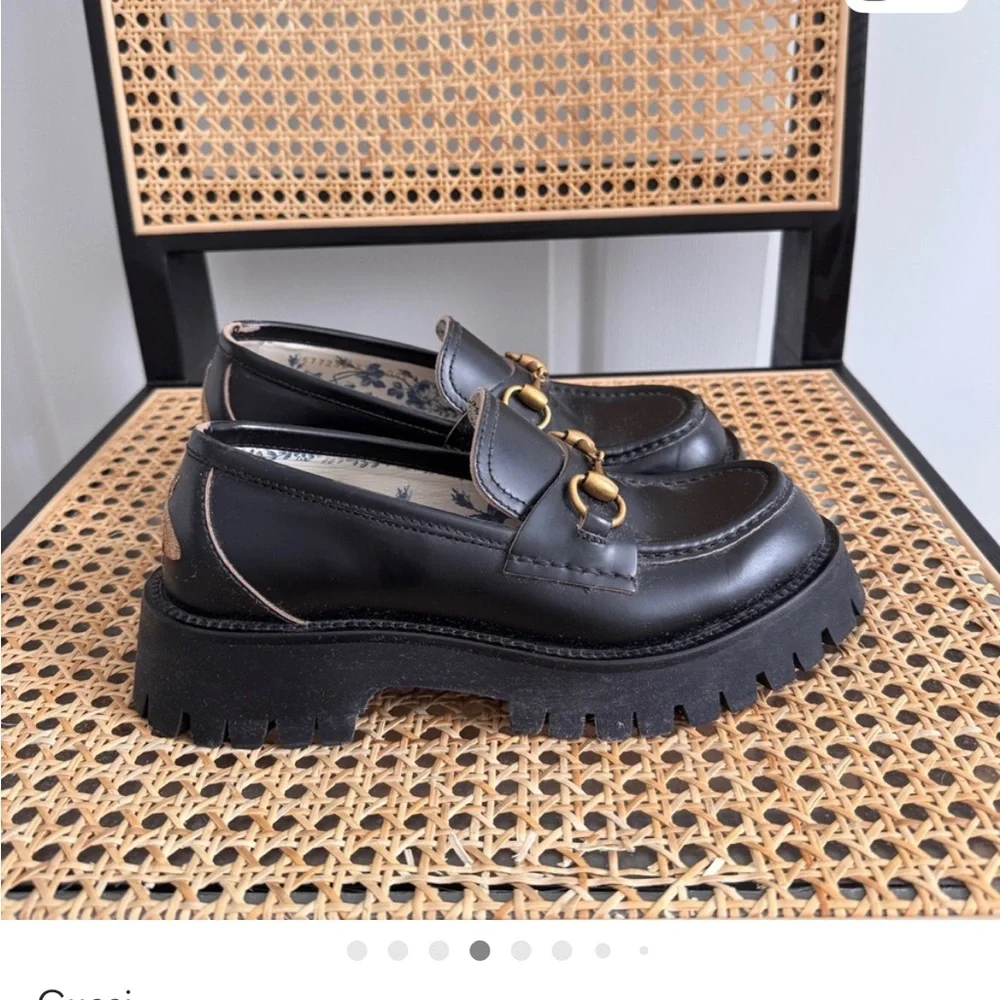 Gucci Black Lug Sole Loafers with Gold Horsebit - Picture 3 of 5